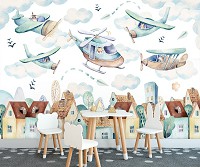Флизелиновые фото обои для детей 254 x 184 см Самолеты и вертолеты над домиками (13675V4)+клей