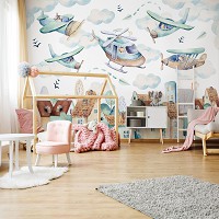 Флизелиновые фотообои в детскую спальню Самолеты и и вертолеты над домиками (13675V)+клей