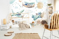 Флизелиновые фотообои в детскую комнату Самолеты над домиками (13676V)+клей