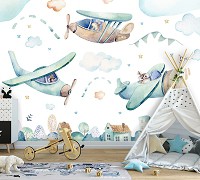 Флизелиновые фото обои в детской 254 x 184 см Самолеты над домиками (13676V4)+клей