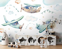 Красивые флизелиновые фотообои 368 x 254 см Детские - Самолеты над домиками (13676V8)+клей