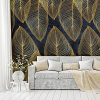 Флизелиновые фотообои 368 x 280 см Цветы - Золотые листья на синем камне (13678V10)+клей