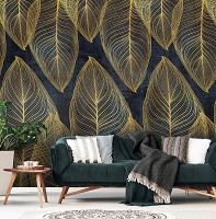 Флизелиновые фотообои 368 x 254 см Цветы - Золотые листья на синем камне (13678V8)+клей