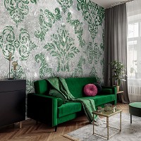 Красивые флизелиновые фотообои 368x254 см Зеленый узор на бетоне (13682V8) +клей