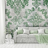 Флизелиновые фото обои в интерьере 254x184 см Зеленый узор на бетоне (13682V4)+клей