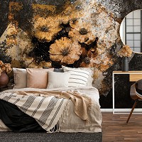 Флизелиновые фотообои ретро стиль 368x254 см Золотые цветы и стена (13687V8) +клей