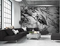 Флизелиновые фотообои для спальни 416 x 254 см Птица Черно-белый журавль на бетонной стене (13695VEXXXL)+клей