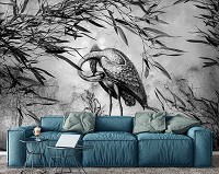 Флизелиновые фотообои в спальню 368 x 254 см Птица Черно-белый журавль на бетонной стене (13695V8)+клей