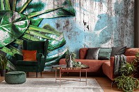 Флизелиновые фотообои 312 x 219 см Цветы - 3D Огромные зеленые листья на старой стене (13700VEXXL)+клей