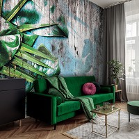 Флизелиновые 3d фото обои 254 x 184 см Огромные зеленые листья на старой стене (13700V4)+клей