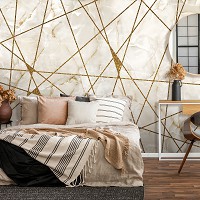 Флизелиновые фотообои в треугольники 368 x 254 см Абстракция - Золотые линии на светлом мраморе (13716V8)+клей