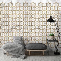 Флизелиновые фото обои геометрия 254 x 184 см Абстракция Соты - Золотые шестигранники на белом мраморе (13724V4)+клей