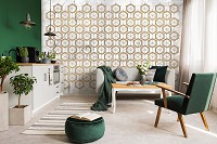 Флизелиновые фотообои 312 x 219 см Абстракция Соты - Золотые шестигранники на белом мраморе (13724VEXXL)+клей