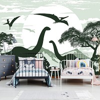 Флизелиновые фотообои для детской комнаты мальчика 312x219 см Зеленые динозавры в лесу (13732VEXXL) +клей