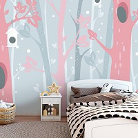 Флизелиновые фотообои 368 x 254 см Детские для девочки - деревья  и домики для птичек (13736V8)+клей