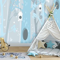 Флизелиновые фотообои в детской мальчика 460 x 300 см Голубые деревья  и домики для птичек (13737V12)+клей