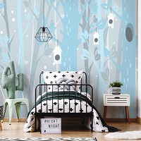 Флизелиновые фото обои в детскую комнату для мальчика 254 x 184 см Голубые деревья и домики для птичек (13737V4)+клей