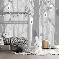 Флизелиновые фотообои для детей Серые деревья и домики для птичек (13738V)+клей