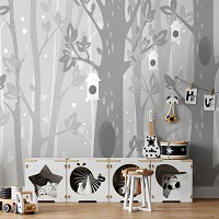 Флизелиновые фотообои 368 x 280 см Детские - Серые деревья и домики для птичек (13738V10)+клей