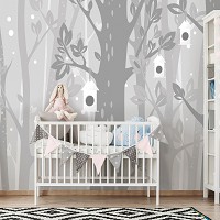 Флизелиновые фотообои 460 x 300 см Детские - Серые деревья и домики для птичек (13738V12)+клей