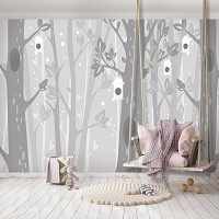 Флизелиновые фотообои 368 x 254 см Детские - Серые деревья  и домики для птичек (13738V8)+клей
