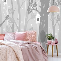 Флизелиновые фотообои 312 x 219 см Детские - Серые деревья  и домики для птичек (13738VEXXL)+клей