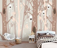 Флизелиновые фото обои в детскую для мальчика 254 x 184 см Коричневые деревья и домики для птичек (13739V4)+клей