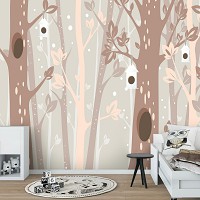 Флизелиновые фотообои для мальчика 368 x 254 см Детские - Коричневые деревья и домики для птичек (13739V8)+клей