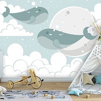 Флизелиновые фото обои для детей 254 x 184 см Голубые киты в облаках (13740V4)+клей