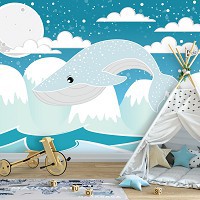 Флизелиновые фотообои в детскую комнату 368 x 280 см Брильянтовый кит в горах (13741V10)+клей
