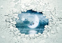 Світлі флізелінові фотошпалери 416x254 см Дитячі - 3D Цегляна стіна та хлопчик на місяці (13743VEXXXL)+клей - вид 1 мініатюра