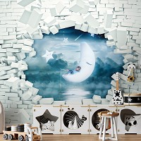 3D Флизелиновые фотообои для детской 368 x 254 см Кирпичная стена и мальчик на луне (13743V8)+клей