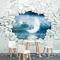 3D Светлые флизелиновые фотообои 416 x 254 см Детские - Кирпичная стена и мальчик на луне (13743VEXXXL)+клей
