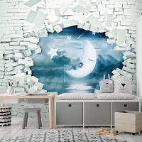 3D Флизелиновые фотообои в детскую 368 x 280 см Кирпичная стена и мальчик на луне (13743V10)+клей