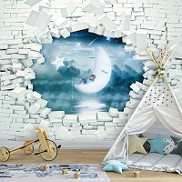 3D Флизелиновые фото обои 254 x 184 см Детские - Кирпичная стена и мальчик на луне (13743V4)+клей