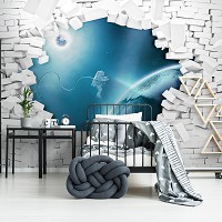 3D Флизелиновые фотообои под серый кирпич 312 x 219 см Космонавт витает из стены (13745VEXXL)+клей