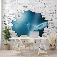 3D Флизелиновые фото обои на стену 254 x 184 см Детские - Космонавт витает за кирпичной стеной (13745V4)+клей