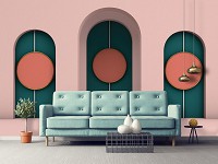 Флизелиновые фото обои геометрия в интерьере 254 x 184 см 3D Абстракция Минимализм Круги в трех арках (13746V4)+клей