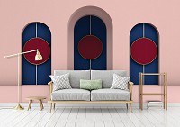 Флизелиновые современные фотообои на стену 254x184 см 3D Абстракция Минимализм Красные круги в арках (13747V4)+клей