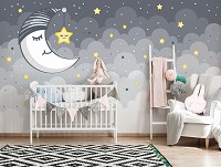 Флизелиновые фотообои в спальню ночь 368 x 254 см Детские - Спящая луна и звездочка  (13759V8)+клей