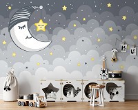 Флизелиновые фотообои ночь 312 x 219 см Детские - Спящая луна и звездочка  (13759VEXXL)+клей