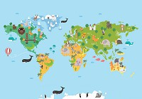 Флизелиновые фото обои для детей 254 x 184 см Карта мира с зверятами (13760V4)+клей - вид 1 миниатюра