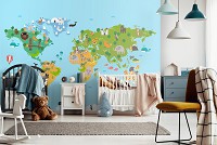 Флізелінові фотошпалери 460x300 см Дитячі - Карта світу зі звірятами (13760V12)+клей