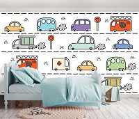 Флизелиновые фотообои для детской комнаты мальчика 368 x 254 см Нарисованные машинки на дороге (13766V8)+клей
