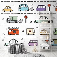 Флизелиновые фотообои 368 x 280 см Детские - Нарисованные машинки на дороге  (13766V10)+клей