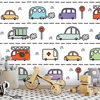 Популярные флизелиновые фотообои 460 x 300 см Детские - Нарисованные машинки на дороге  (13766V12)+клей