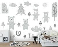 Флизелиновые фотообои на стену черно-белые 368 x 254 см Детские - Мишки гуляют в лесу  (13770V8)+клей