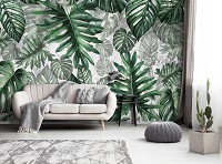 Флизелиновые фотообои бетонная стена 312 x 219 см Цветы - Зеленые тропические листья (13781VEXXL)+клей