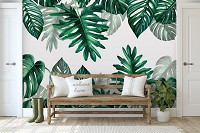 Флизелиновые фото обои на кухню 254 x 184 см Цветы - Зеленые тропические листья (13782V4)+клей