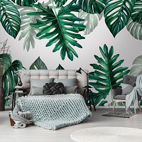 Флизелиновые фотообои в интерьере 312 x 219 см Цветы - Зеленые тропические листья (13782VEXXL)+клей